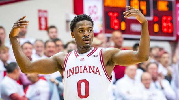 Indiana's Xavier Johnson (0) tries to get the crowd excited during the Indiana versus North Carolina men's basketball game at Simon Skjodt Assembly Hall on Wednesday, Nov. 30, 2022.